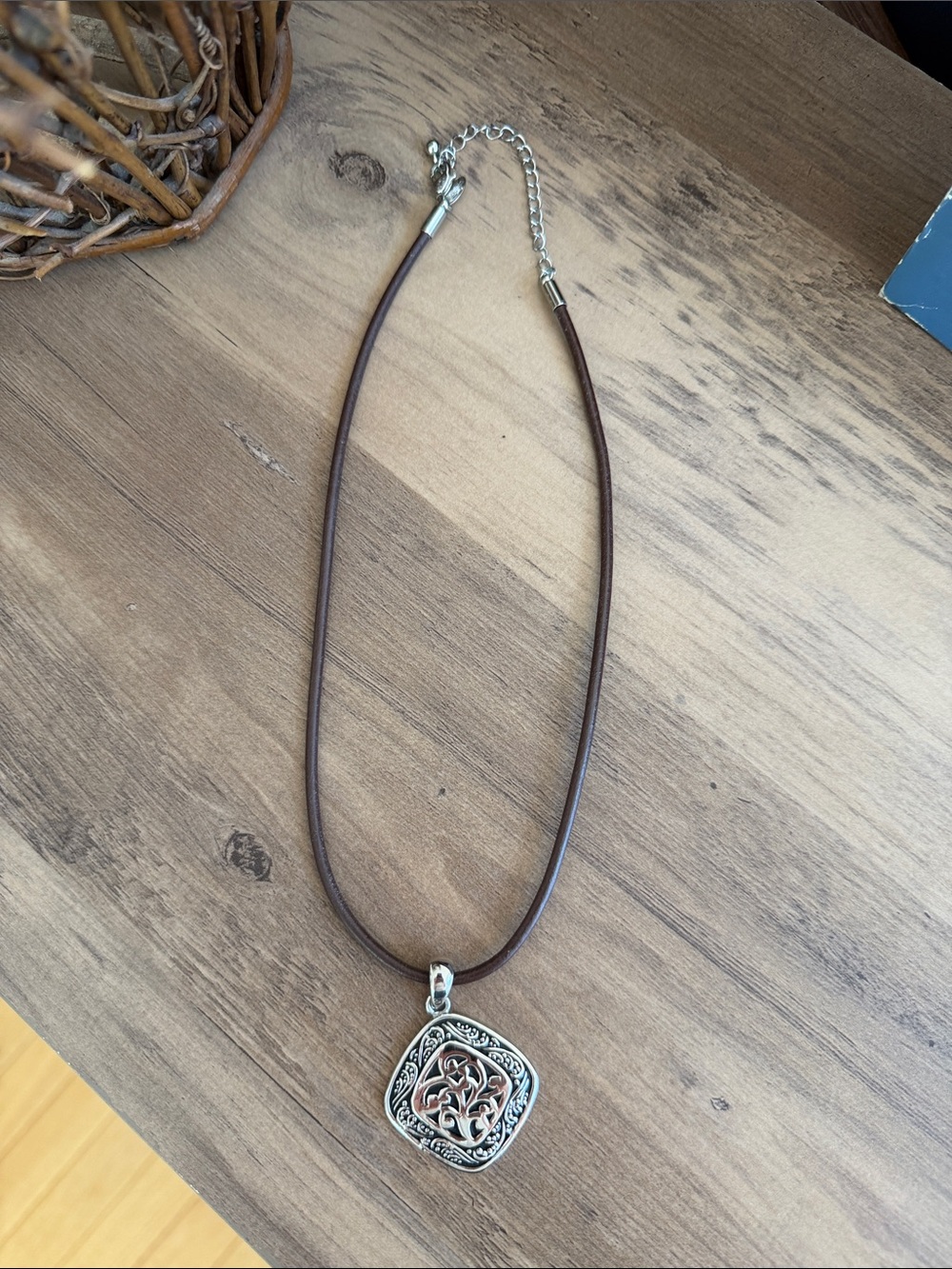 Lia Sophia Brown Cord Necklace with Silver Filigree Pendant
